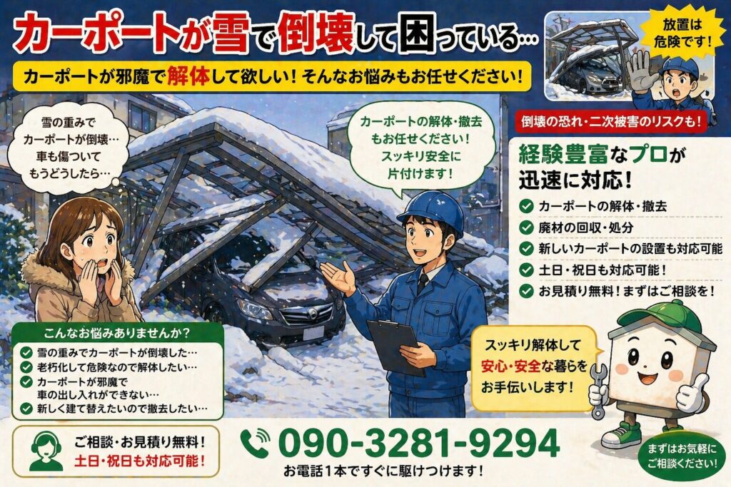 カーポート、解体済み、運送込み、シャッター付き 甲良町】 カーポート 解体 倒壊 地元密着 北川工務店┃リフォーム
